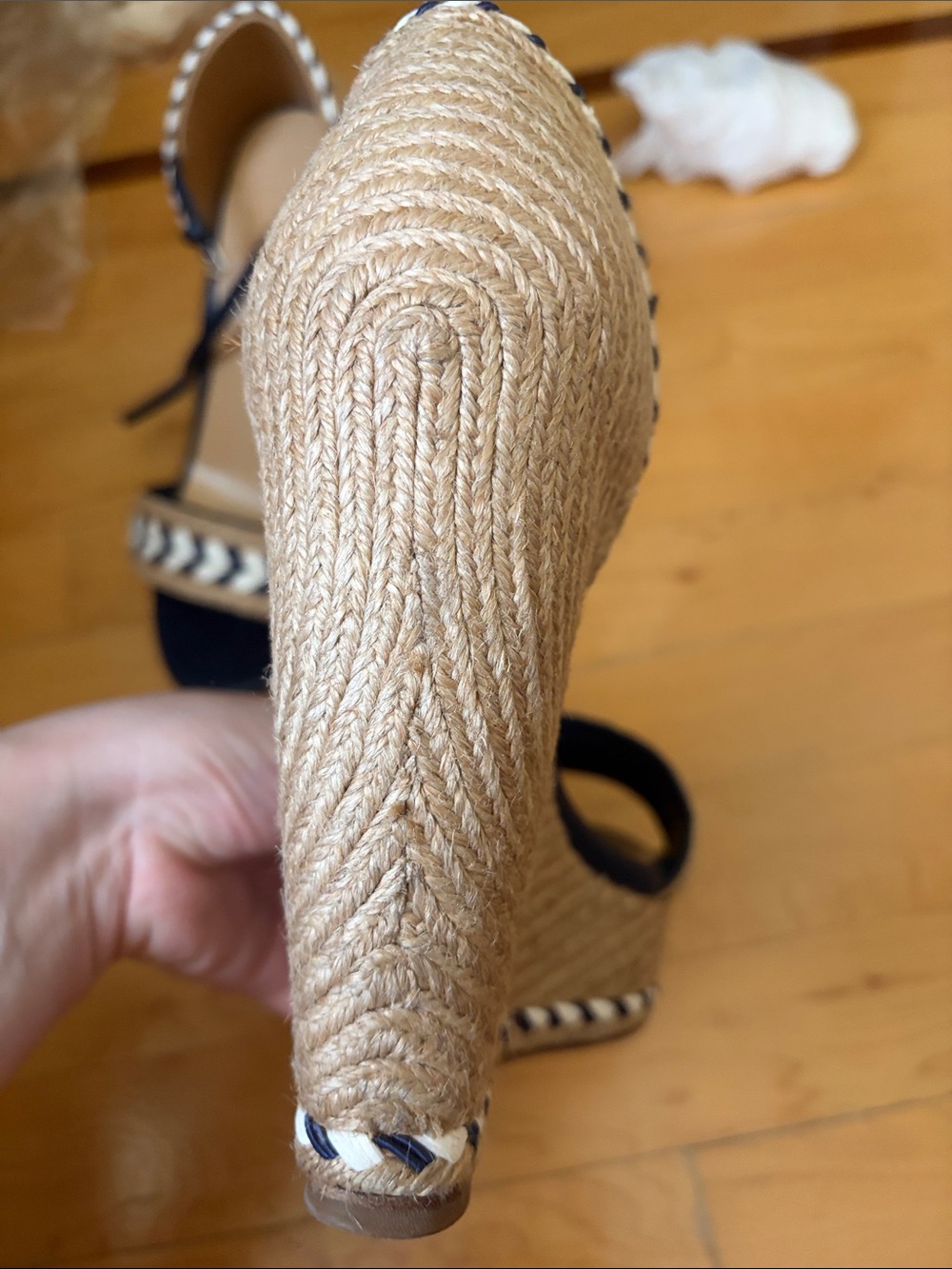 Gucci Navy and Tan Braided Espadrille Wedge Sandals - Picture 12 of 14